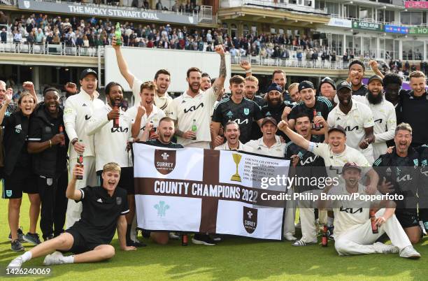 Rory Burns and Surrey players and staff celebrate after Surrey won the LV= Insurance County Championship match between Surrey and Yorkshire and...