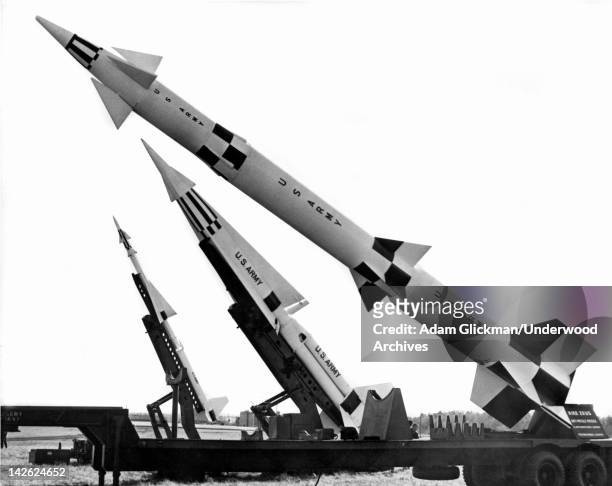 Three generations of NIke air defense missiles showing, L-R Ajax , Hercules , and Zeus , late 1960s or early 1970s. The Hercules & Zeus had nuclear...
