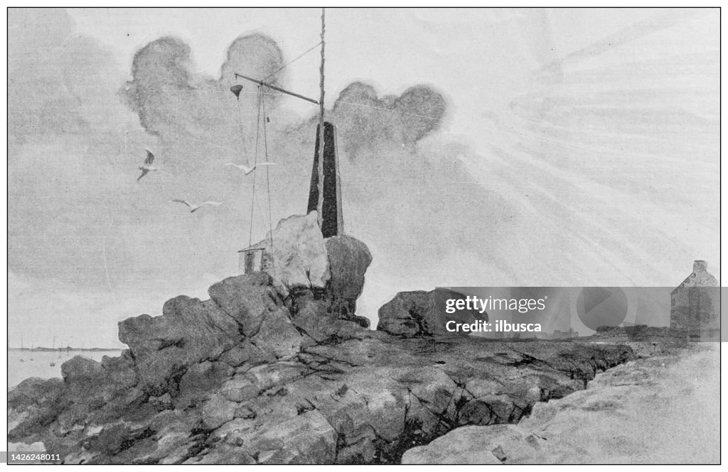 Antique illustration: Island of Sein lighthouse wind semaphore flag