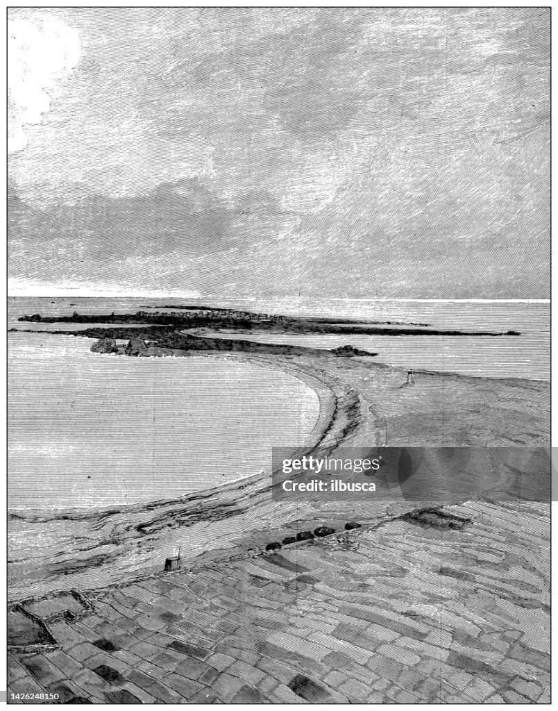 Ilustración antigua: Vista del faro de la isla de Sein