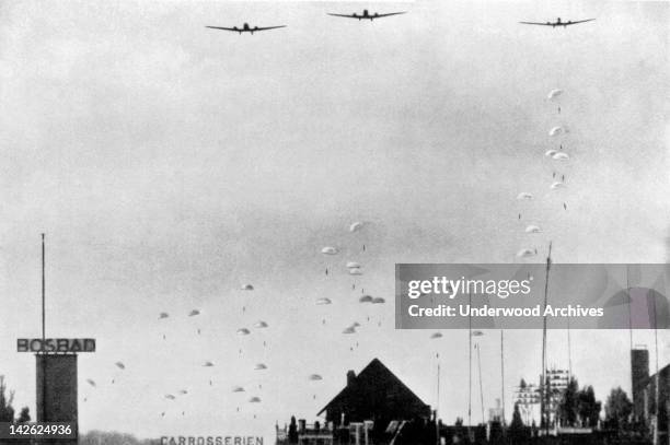 German paratroopers landing in Holland in May of 1940, Netherlands, May 1940.