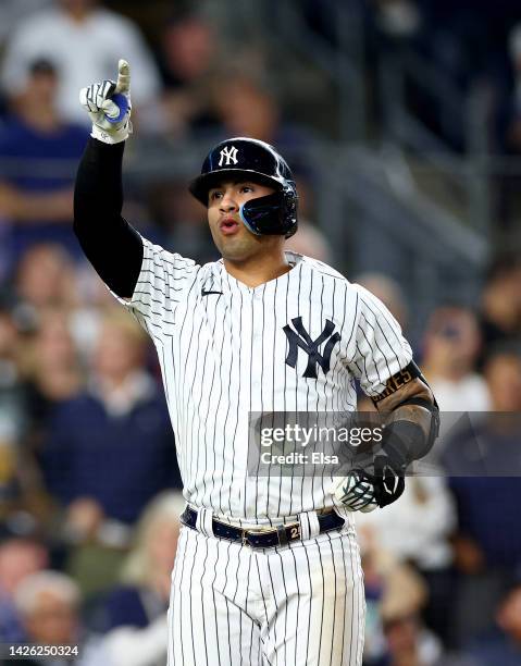 Gleyber Torres of the New York Yankees celebrates of his home run in the eighth inning against the Pittsburgh Pirates at Yankee Stadium on September...