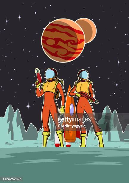 vector retro pop art poster sci-fi astronaut in space stock illustration - film poster stock illustrations