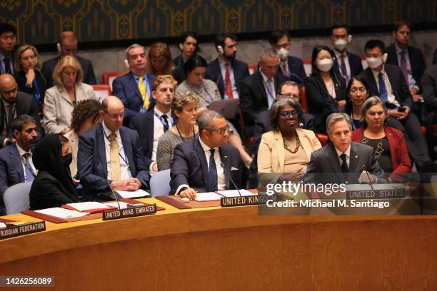 Secretary of State Antony J. Blinken speaks during the United Nations Security Council meeting at the United Nations Headquarters to discuss the...
