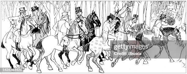 antique illustration: hunting in 19th century - man reading comic book stock illustrations