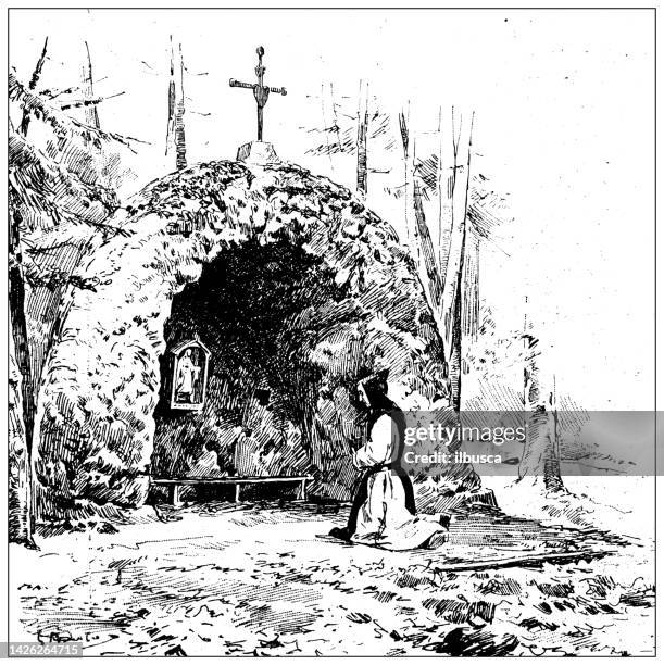 antique illustration: trappists religious order, grotte de saint bernard, soligny la trappe - trappists religious order stock illustrations