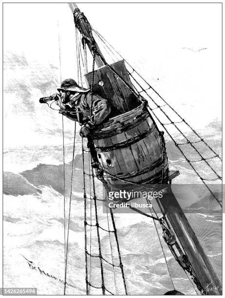 ilustrações de stock, clip art, desenhos animados e ícones de antique illustration: whaling, hunting of whales, lookout - torre de observação