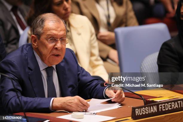 Russian Federation Minister for Foreign Affairs Sergey V. Lavrov speaks during the United Nations Security Council meeting at the United Nations...