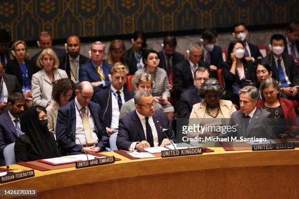 Members of the United Nations Security Council listen as United Kingdom Secretary of State for Foreign, Commonwealth and Development Affairs James...