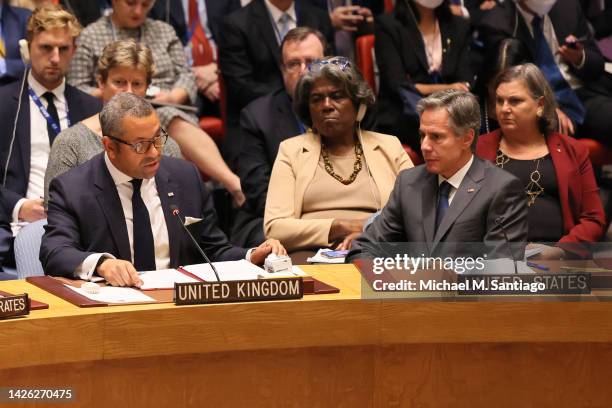 United Kingdom Secretary of State for Foreign, Commonwealth and Development Affairs James Cleverly speaks during a United Nations Security Council...