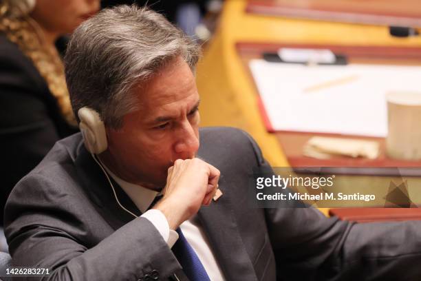 Secretary of State Antony J. Blinken listens as Ukraine Minister for Foreign Affairs Dmytro Kuleba speaks during a United Nations Security Council...