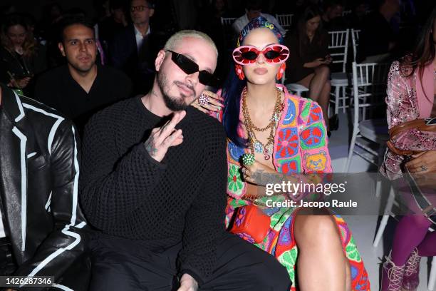 Balvin and Sita Abellán are seen on the front row of the Moschino Fashion Show during the Milan Fashion Week Womenswear Spring/Summer 2023 on...