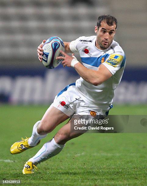 Haydn Thomas of Exeter charges upfield during the Amlin Challenge Cup quarter final match between Stade Francais and Exeter Chiefs at Stade Charlety...