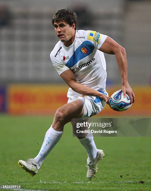 Ignacio Mieres of Exeter runs with a ball during the Amlin Challenge Cup quarter final match between Stade Francais and Exeter Chiefs at Stade...