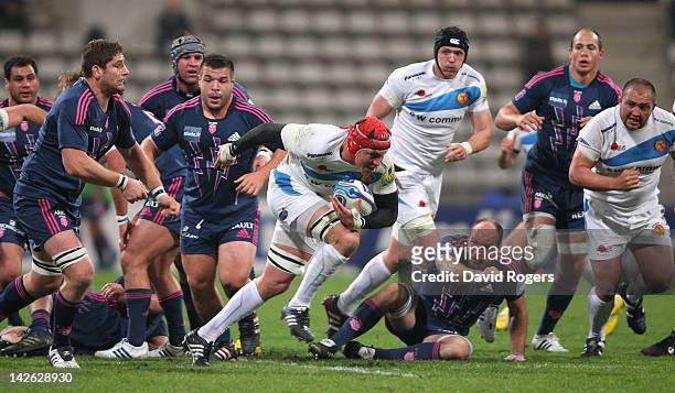 Tom Johnson of Exeter charges upfield during the Amlin Challenge Cup quarter final match between Stade Francais and Exeter Chiefs at Stade Charlety...