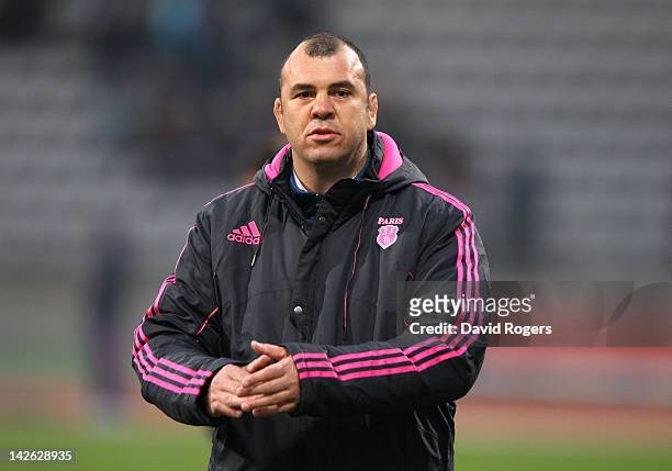 Michael Cheika, the Stade Francais coach looks on during the Amlin Challenge Cup quarter final match between Stade Francais and Exeter Chiefs at...