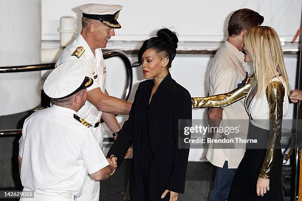 Rihanna and Brooklyn Decker arrive at the "Battleship" Australian premiere at Luna Park on April 10, 2012 in Sydney, Australia.