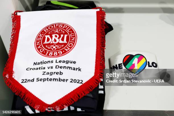 General view of the OneLove anti-discrimination armband next to the Denmark match pennant prior to the UEFA Nations League League A Group 1 match...