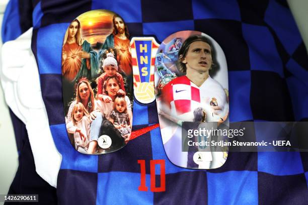 General view of the shin pads of Luka Modric of Croatia inside the dressing room prior to the UEFA Nations League League A Group 1 match between...
