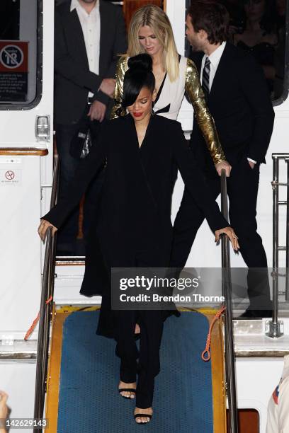 Rihanna and Brooklyn Decker arrive at the "Battleship" Australian premiere at Luna Park on April 10, 2012 in Sydney, Australia.