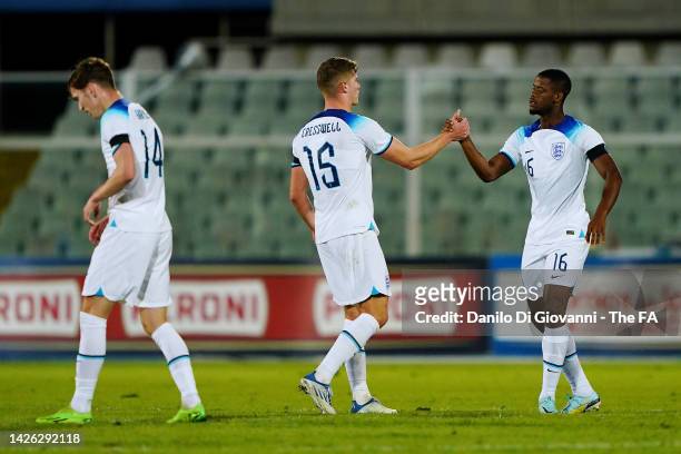 Charlie Cresswell and Luke Mbete of England interact after the International Friendly match between Italy U21 and England U21 on September 22, 2022...