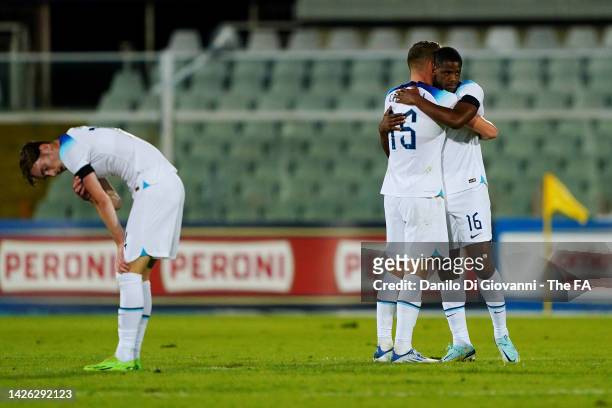 Charlie Cresswell and Luke Mbete of England interact after the International Friendly match between Italy U21 and England U21 on September 22, 2022...