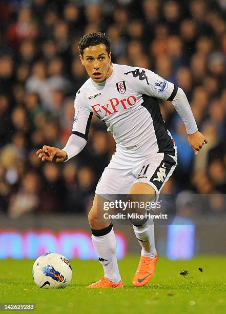 Kerim Frei of Fulham in action during the Barclays Premier League match between Fulham and Chelsea at Craven Cottage on April 9, 2012 in London,...