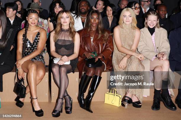 Storm Reid, Katherine Langford, Michaela Coel, Lorde and Hunter Schafer attend the Prada show during Milan Fashion Spring/Summer 2023 on September...