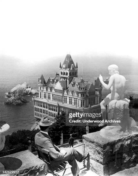 The view from Sutro Heights overlooking the third Cliff House, which was built in 1896 by Adolph Sutro, San Francisco, California, late 1890s. It...