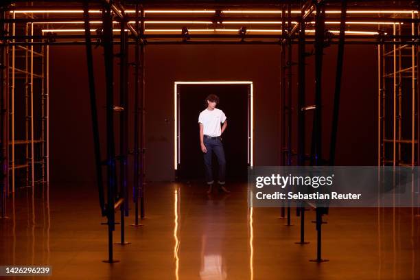Model poses during the runway at the Levi's show during the ABOUT YOU Fashion Week Milan 2022 at Zona Farini on September 22, 2022 in Milan, Italy.