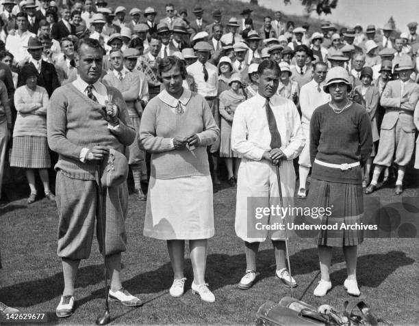 Golfers Cyril Tolley, Marion Hollins, Bobby Jones and Glenna Collett play the first round on the opening day of the Pasatiempo Golf Club in...