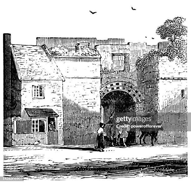 west gate of newcastle town wall in newcastle upon tyne, england - 18th century - castle wall stock illustrations