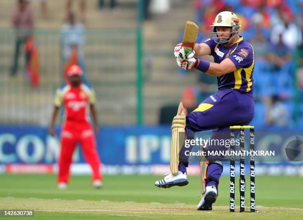 Kolkatta Knight Riders batsman Jacques Kallis tries to play a shot during the IPL Twenty20 cricket match between Royal Challengers Bangalore and...