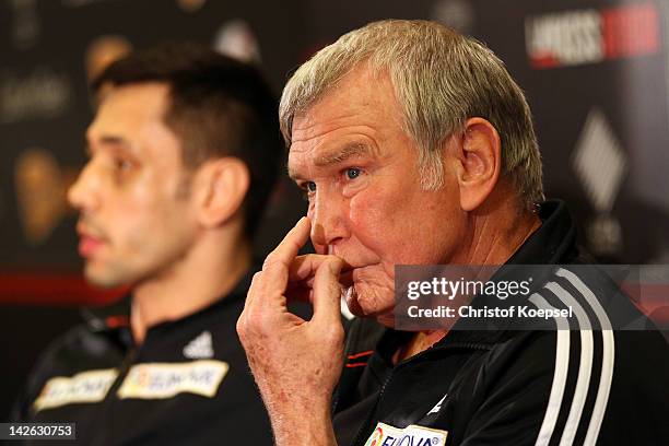 Felix Sturm and his coach Firtz Sdunek attend the press conference at Hotel im Wasserturm on April 10, 2012 in Cologne, Germany. The WBA World...