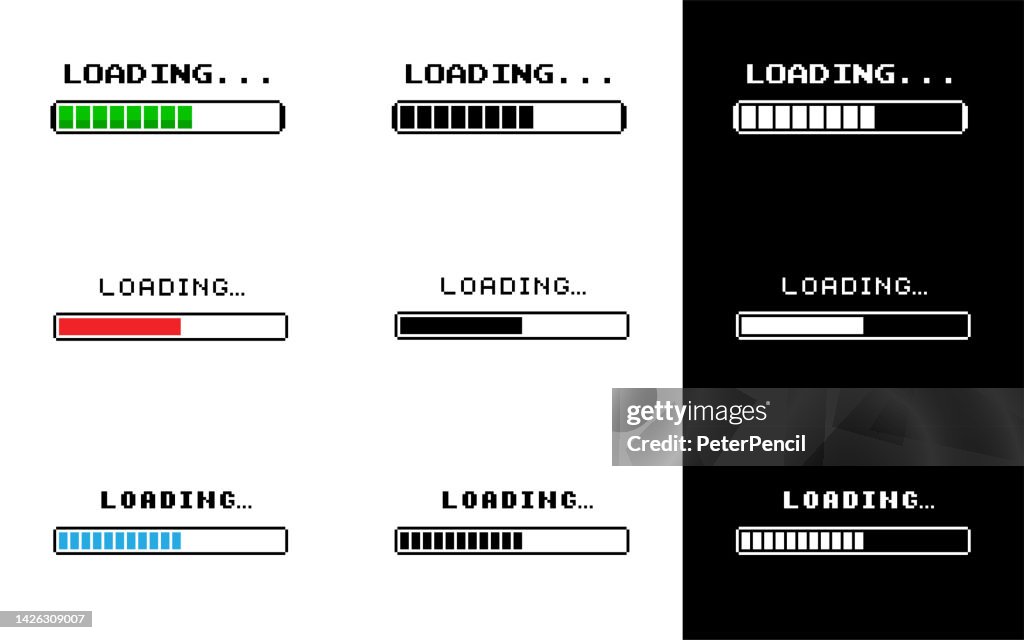 Conjunto de barras de carga. Píxel de 8 bits. Barras de progreso retro en pantallas blancas y negras. Ilustración vectorial de stock