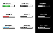 Loading Bar Set. Pixel 8-bit. Retro Progress Bars on White and Black Screens. Vector Stock Illustration