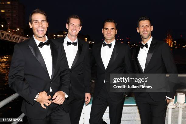 Rafael Nadal, Andy Murray, Roger Federer and Novak Djokovic of Team Europe make their way towards a Gala Dinner at Somerset House via the River...