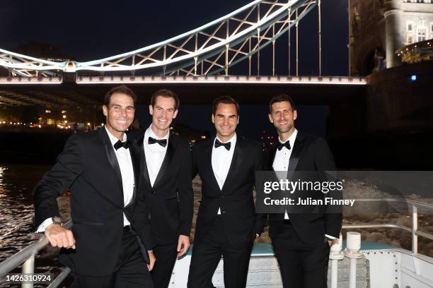 Rafael Nadal, Andy Murray, Roger Federer and Novak Djokovic of Team Europe make their way towards a Gala Dinner at Somerset House via the River...