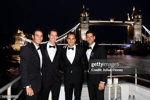 Rafael Nadal, Andy Murray, Roger Federer and Novak Djokovic of Team Europe make their way towards a Gala Dinner at Somerset House via the River...