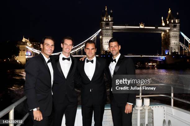 Rafael Nadal, Andy Murray, Roger Federer and Novak Djokovic of Team Europe make their way towards a Gala Dinner at Somerset House via the River...