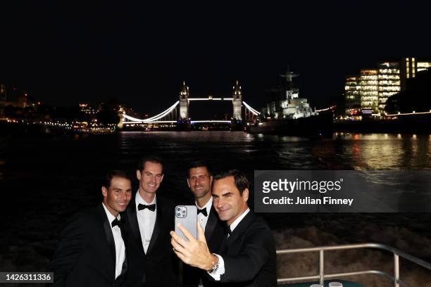 Rafael Nadal, Andy Murray, Novak Djokovic and Roger Federer of Team Europe take a selfie as they make their way towards a Gala Dinner at Somerset...