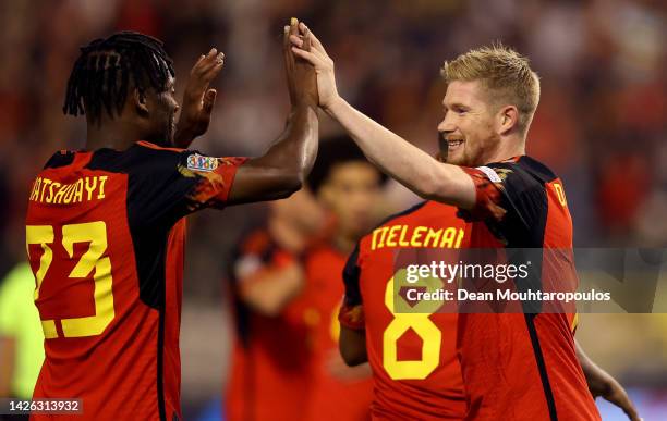 Kevin De Bruyne of Belgium celebrate with team mate Michy Batshuayi after he scores the opening goal during the UEFA Nations League League A Group 4...