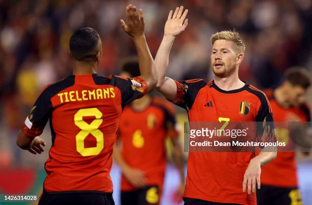 Kevin De Bruyne of Belgium celebrate with team mate Youri Tielemans after he scores the opening goal during the UEFA Nations League League A Group 4...