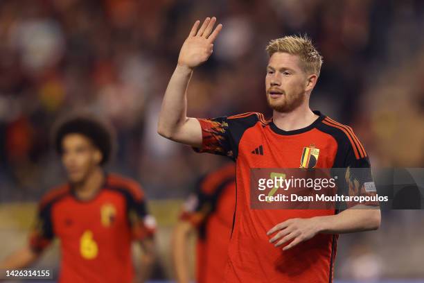 Kevin De Bruyne of Belgium celebrates after he scores the opening goal during the UEFA Nations League League A Group 4 match between Belgium and...