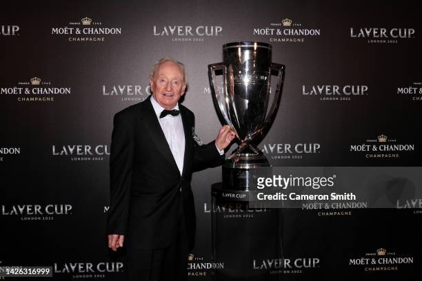 Rod Laver poses for a photograph alongside the Laver Cup during a Gala Dinner at Somerset House ahead of the Laver Cup at The O2 Arena on September...