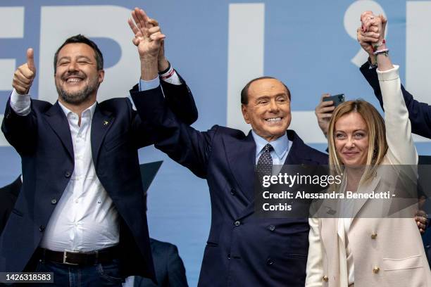 Matteo Salvini, leader of League, Silvio Berlusconi, leader of Forza Italia, Giorgia Meloni leader of Brothers of Italy, attend the closing rally of...