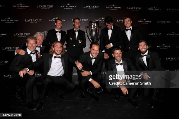 Players of Team Europe pose for a photograph alongside the Laver Cup during a Gala Dinner at Somerset House ahead of the Laver Cup in London, England.