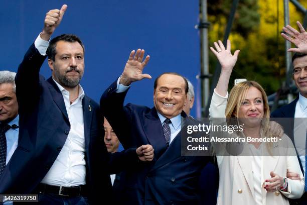 Matteo Salvini, leader of League, Silvio Berlusconi, leader of Forza Italia, Giorgia Meloni leader of Brothers of Italy, attend the closing rally of...