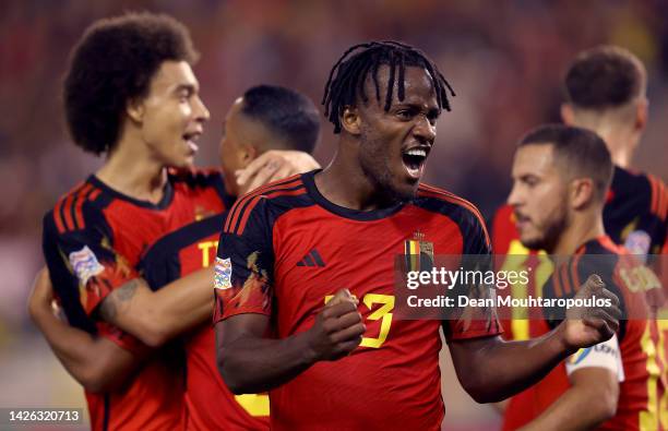 Michy Batshuayi of Belgium celebrates after he scores the 2nd goal during the UEFA Nations League League A Group 4 match between Belgium and Wales at...