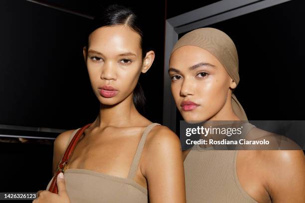 Models Jordan Daniels and haylee jade pose backstage at the Max Mara Fashion Show during the Milan Fashion Week Womenswear Spring/Summer 2023 on...